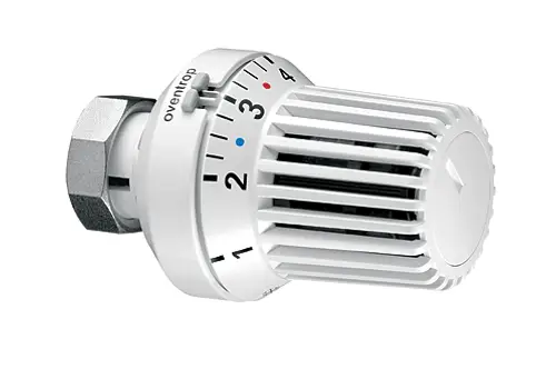 Weißer Oventrop-Thermostat mit Einstellknopf und Temperaturmarkierungen, zur Regelung von Heizungsanlagen, mit Flüssigfühler im kompakten Design.